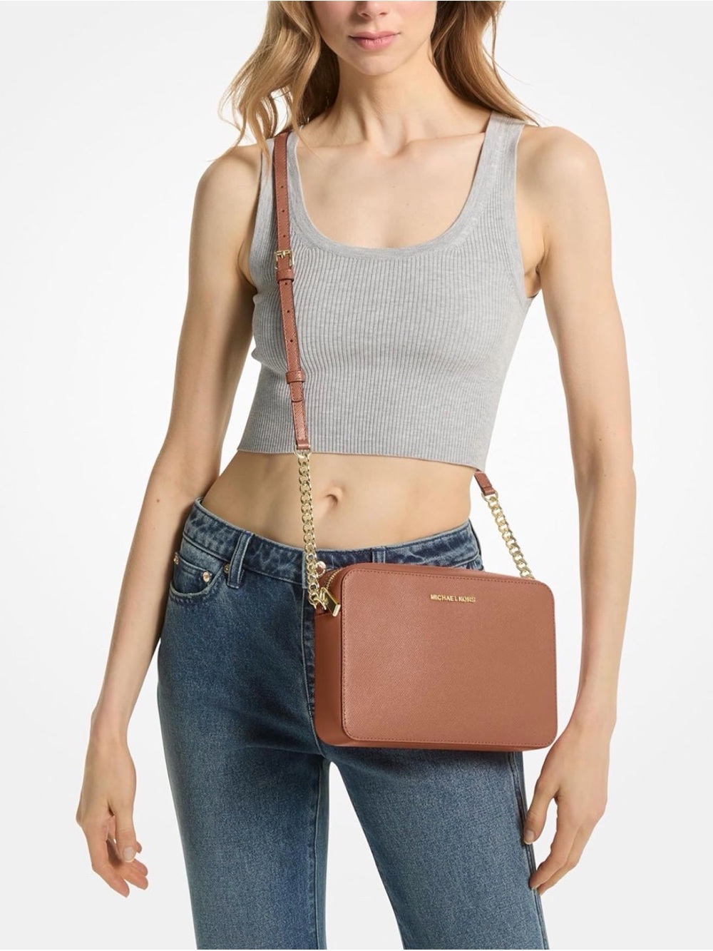 MICHAEL KORS Saffiano Leather Crossbody in Tan with Gold Hardware
